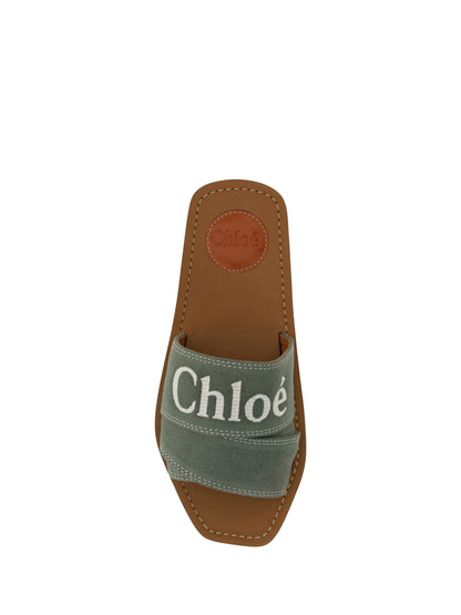 Flat Slider Sandals by Chloé for women in cotton & rubber green, patterned & signature features an effortlessly chic silhouette from the Essence Women's Cotton & Rubber Flat Slider Sandals collection, showcasing a effortlessly chic flat and elegant square toe style.