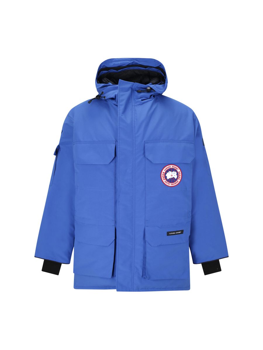 Blue jacket with a brand logo on a white background