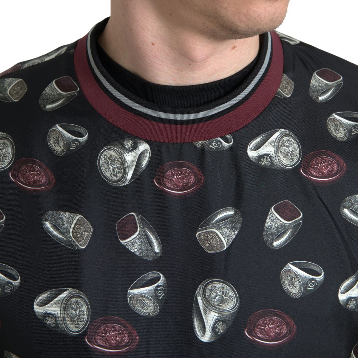 Dolce & Gabbana Men's Black Ring Print Silk Crewneck Sweater