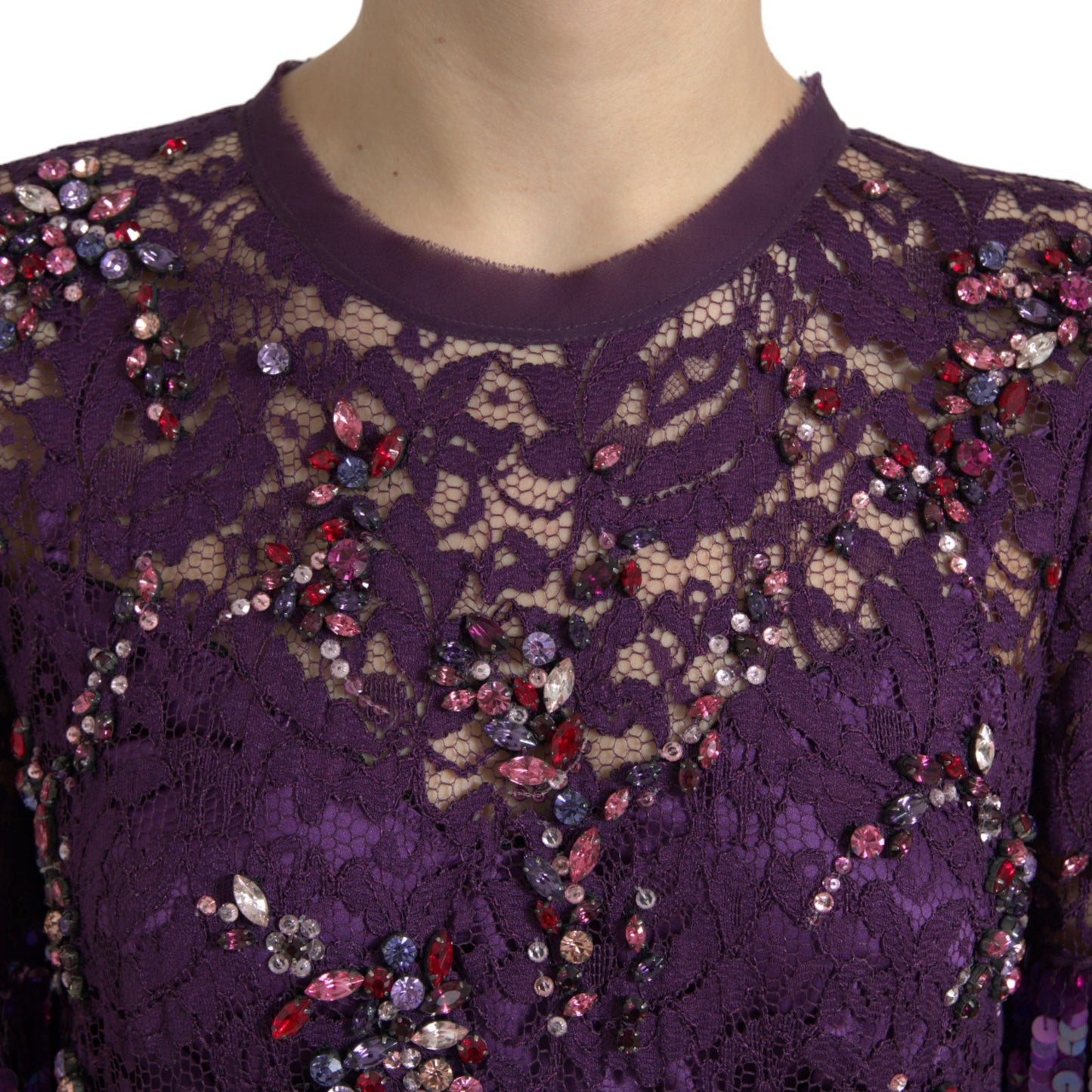 Purple Floral Lace Crystal Embedded Dress