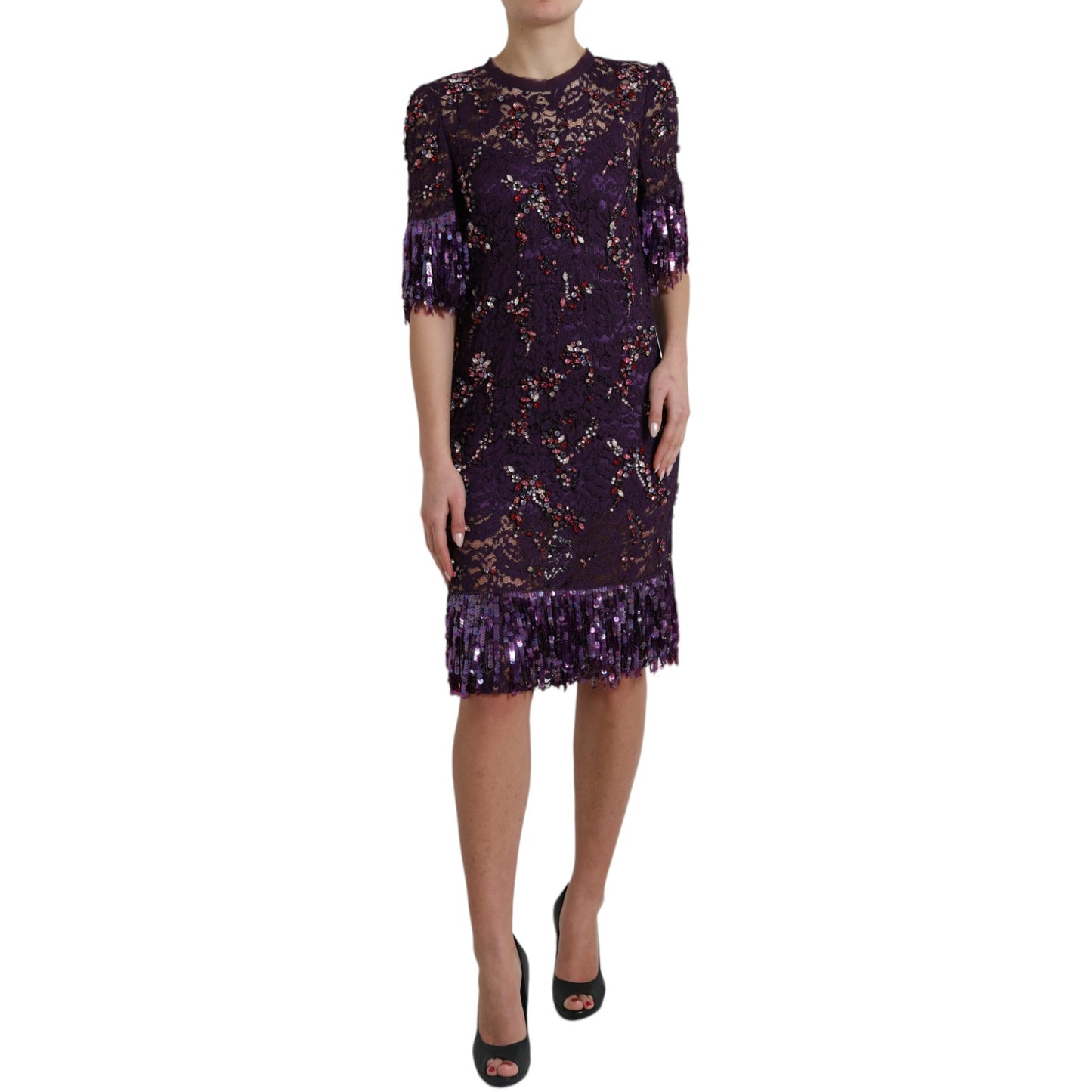 Purple Floral Lace Crystal Embedded Dress