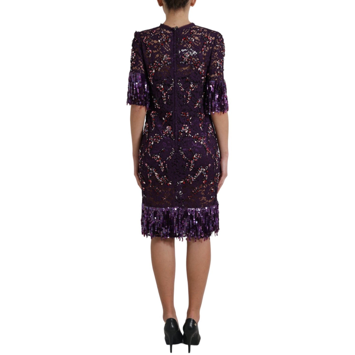 Purple Floral Lace Crystal Embedded Dress