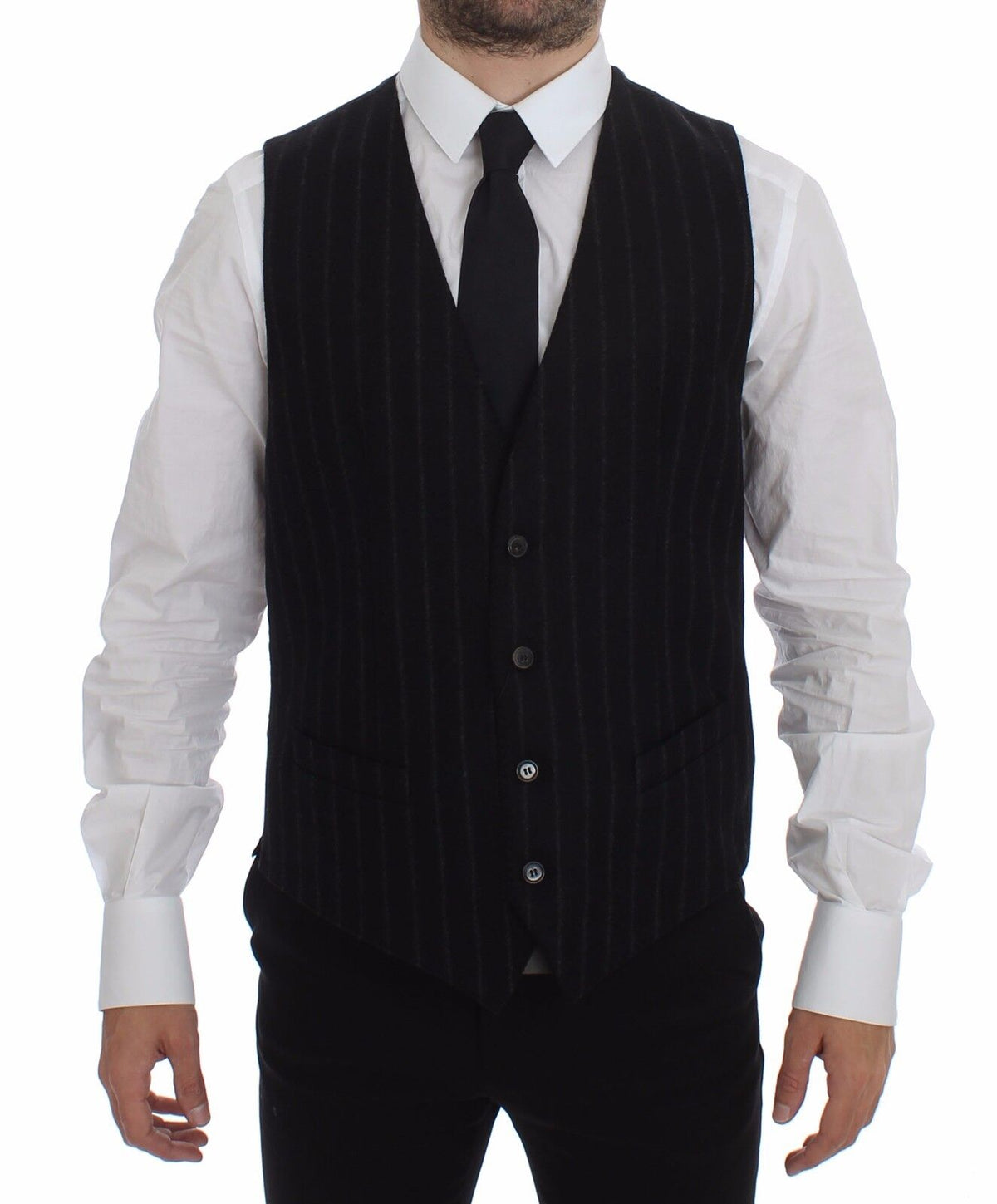 Dolce & Gabbana Men's Single Breasted Wool Vest - Black Striped