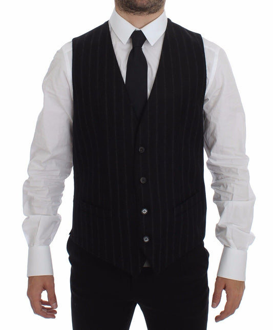 Dolce & Gabbana Men's Single Breasted Wool Vest - Black Striped