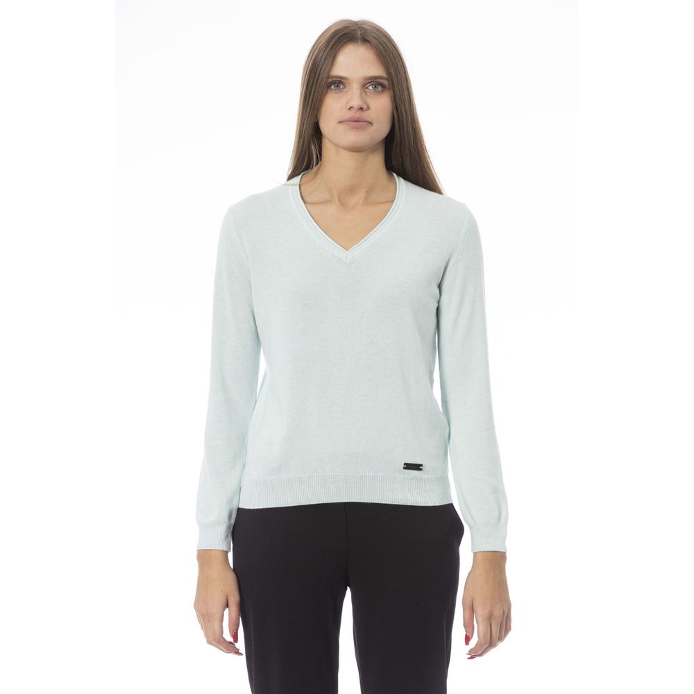 Sweatshirt by Baldinini Trend for women in cashmere polyamide & viscose light-blue, signature & monogram features an exquisite silhouette, showcasing long-sleeve and v-neck neckline details for a exquisite look.