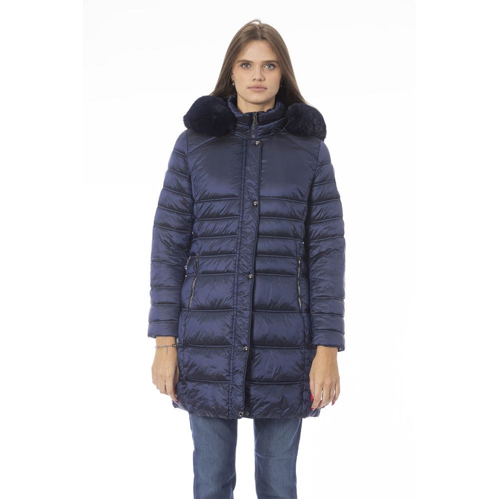 Puffer Jacket by Baldinini Trend for women in polyester light-blue, signature & monogram features a dramatic silhouette, showcasing a sophisticated wrap neckline and distinctive pockets & insulated for a dramatic aesthetic.