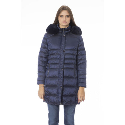 Puffer Jacket by Baldinini Trend for women in polyester light-blue, signature & monogram features a dramatic silhouette, showcasing a sophisticated wrap neckline and distinctive pockets & insulated for a dramatic aesthetic.