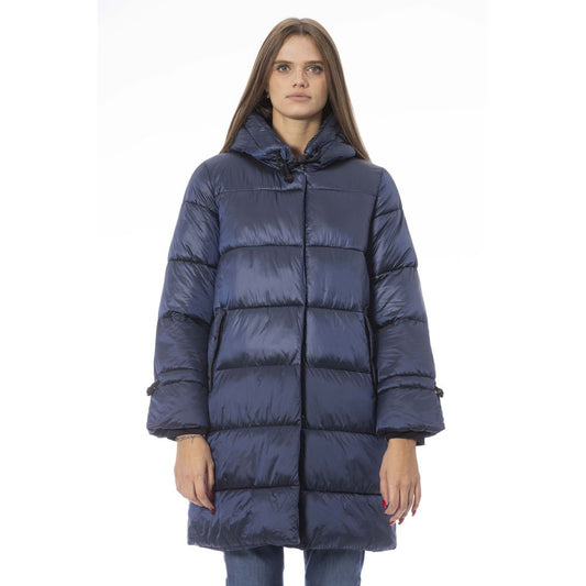 Puffer Jacket by Baldinini Trend for women in nylon light-blue & monogram showcases a bohemian silhouette, artfully detailed with a bohemian and signature pockets & insulated for a truly bohemian finish.