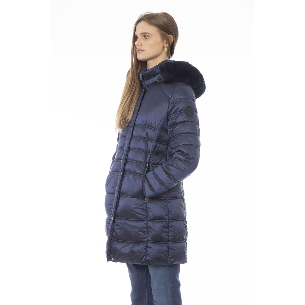 Puffer Jacket by Baldinini Trend for women in polyester light-blue, signature & monogram showcases a bohemian silhouette, artfully detailed with a bohemian wrap neckline and signature pockets & insulated for a truly bohemian finish.