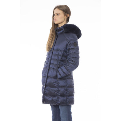 Puffer Jacket by Baldinini Trend for women in polyester light-blue, signature & monogram showcases a bohemian silhouette, artfully detailed with a bohemian wrap neckline and signature pockets & insulated for a truly bohemian finish.