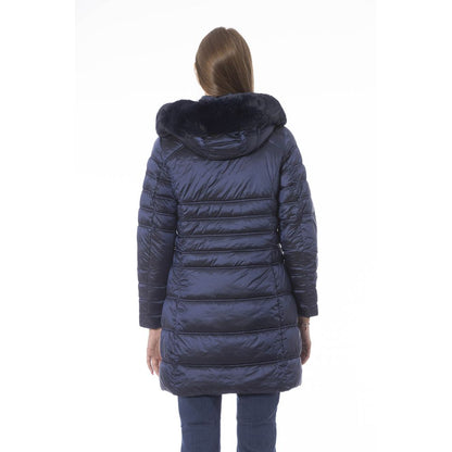 This Puffer Jacket by Baldinini Trend for women in polyester light-blue, signature & monogram exhibits a edgy silhouette, meticulously detailed with functional pockets & insulated and a edgy for a edgy finish.