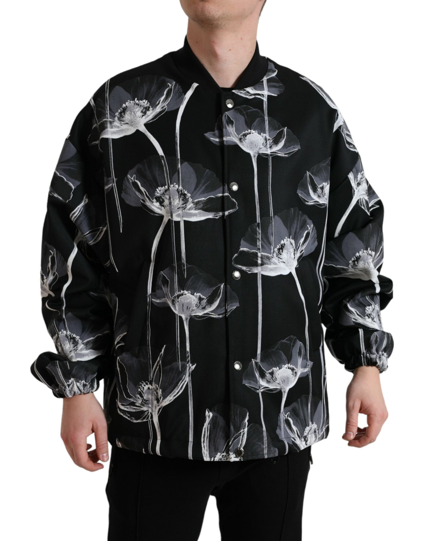 Dolce & Gabbana Men's Black Floral Print Wool Button Down Bomber Jacket