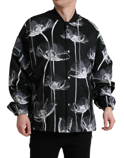 Dolce & Gabbana Men's Black Floral Print Wool Button Down Bomber Jacket