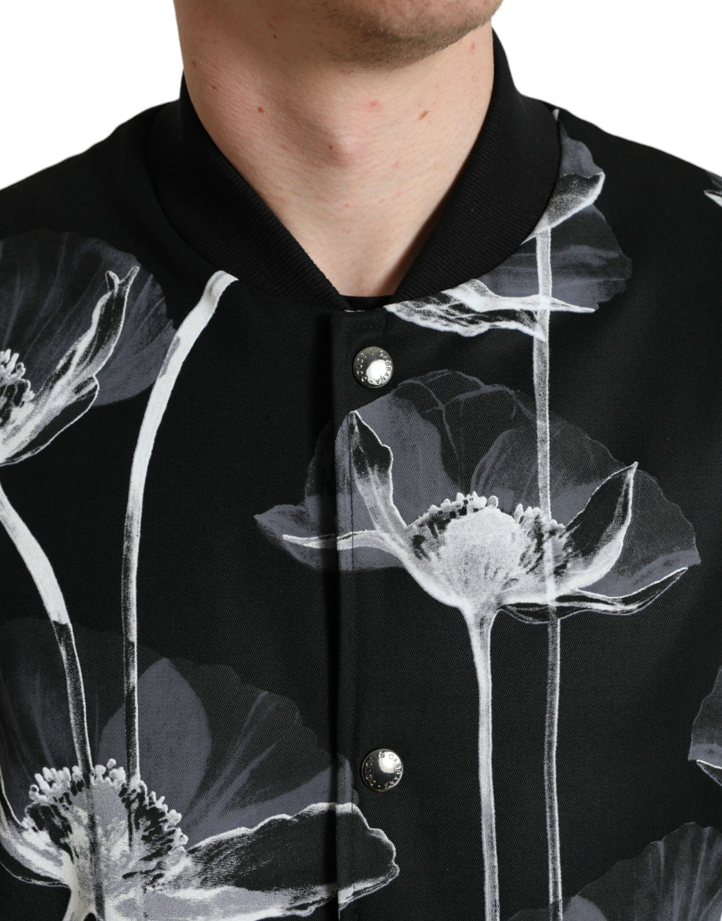 Dolce & Gabbana Men's Black Floral Print Wool Button Down Bomber Jacket
