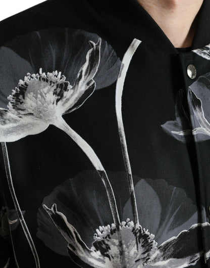 Dolce & Gabbana Men's Black Floral Print Wool Button Down Bomber Jacket