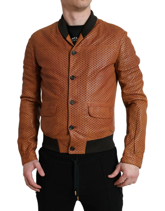 Dolce & Gabbana Men's Brown Lambskin Leather Perforated Jacket