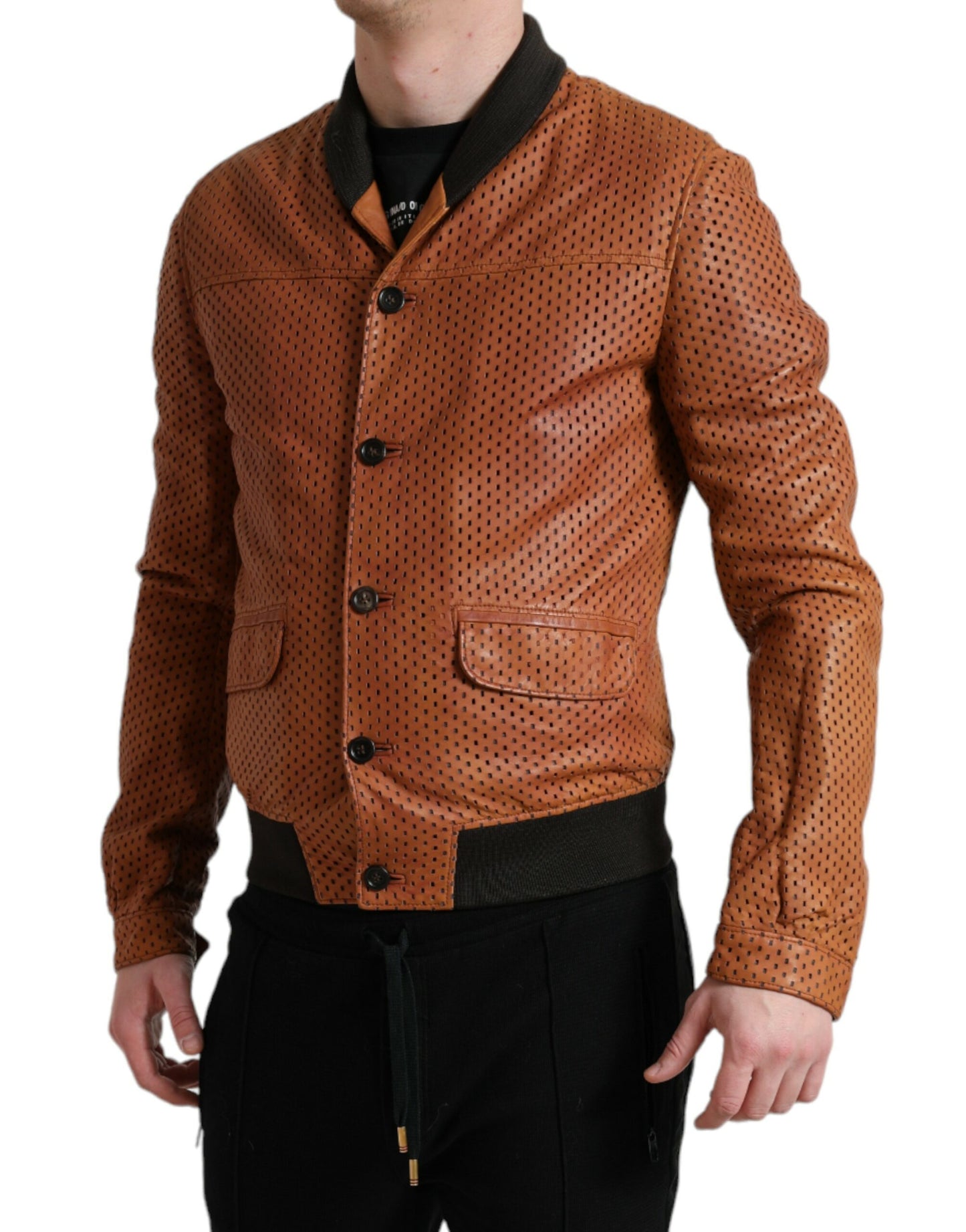 Dolce & Gabbana Men's Brown Lambskin Leather Perforated Jacket