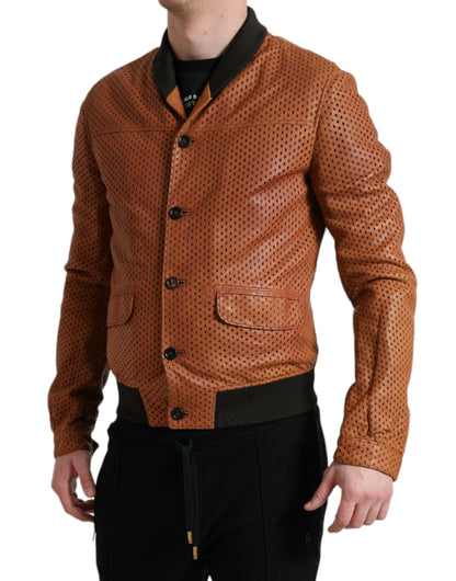 Dolce & Gabbana Men's Brown Lambskin Leather Perforated Jacket