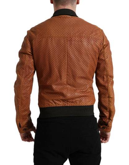 Dolce & Gabbana Men's Brown Lambskin Leather Perforated Jacket