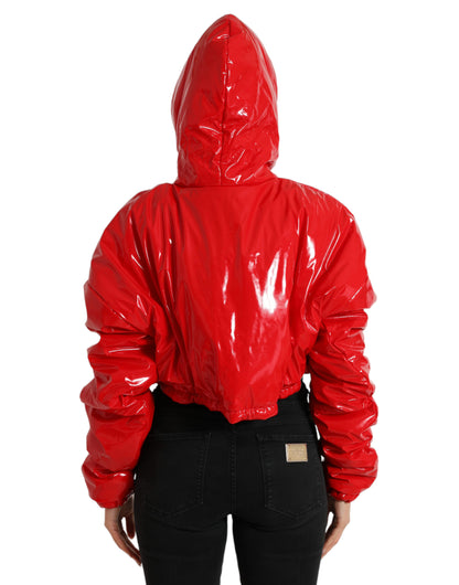 Dolce & Gabbana Women's Shiny Red Hooded Cropped Short Coat Jacket