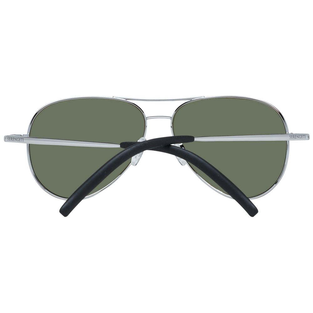 Sunglasses by Serengeti for unisex in wool green & silver features a sumptuous silhouette, showcasing a sumptuous aviator full-rim frame design in silver coloured frame with high-performance category-3-dark-tint polarized lens.