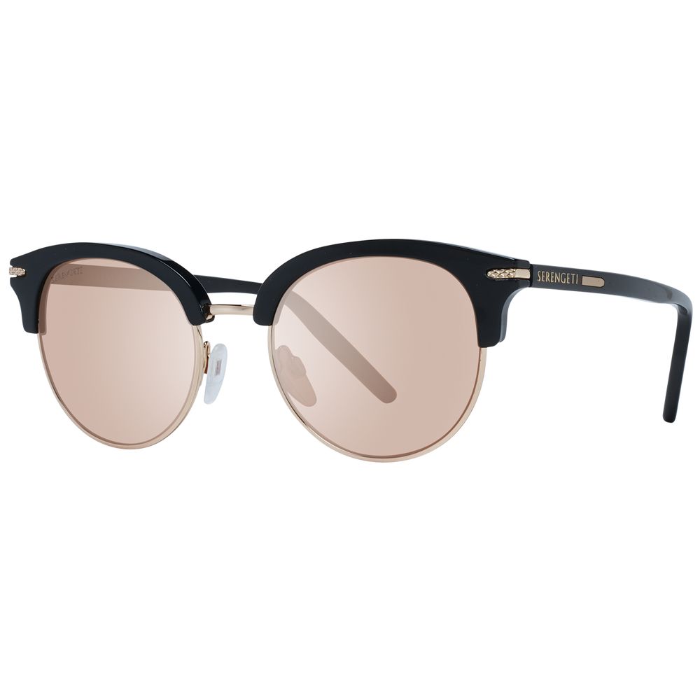 Sunglasses by Serengeti for women in metal & acetate and black featuring an opulent full-rim round frame design with a sophisticated black coloured frame finish and high-performance polarized mirrored category-3-dark-tint lens.