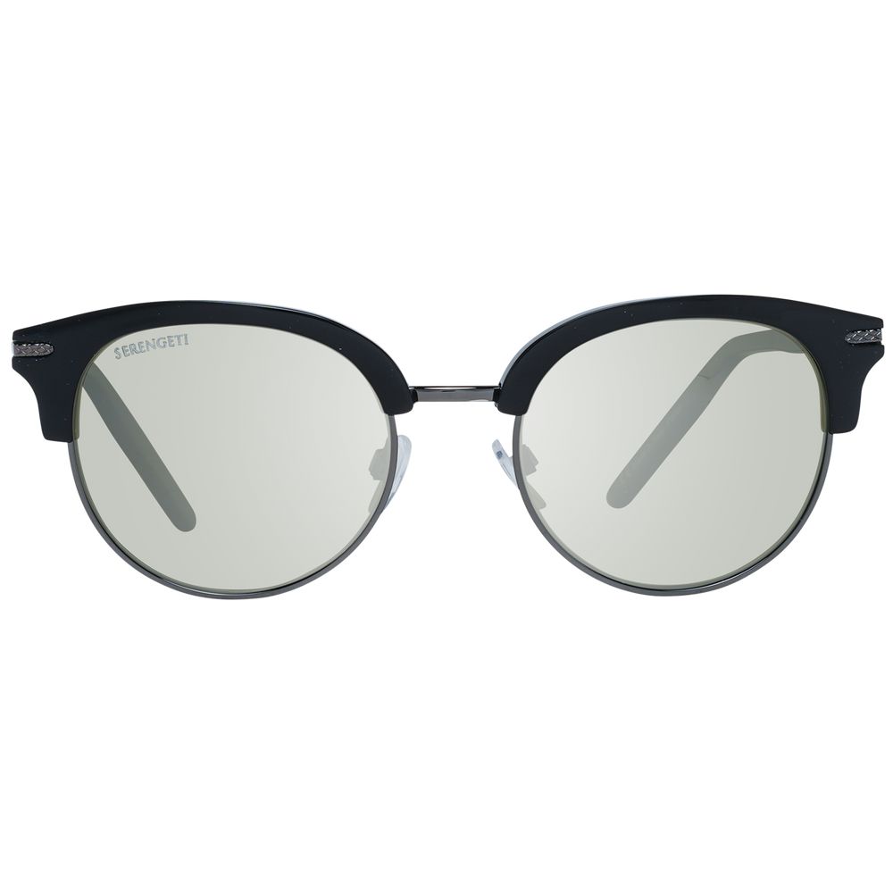 Sunglasses by Serengeti for women in metal & acetate black features a sumptuous silhouette, showcasing a sumptuous full-rim round frame design in black coloured frame with high-performance polarized category-3-dark-tint lens.