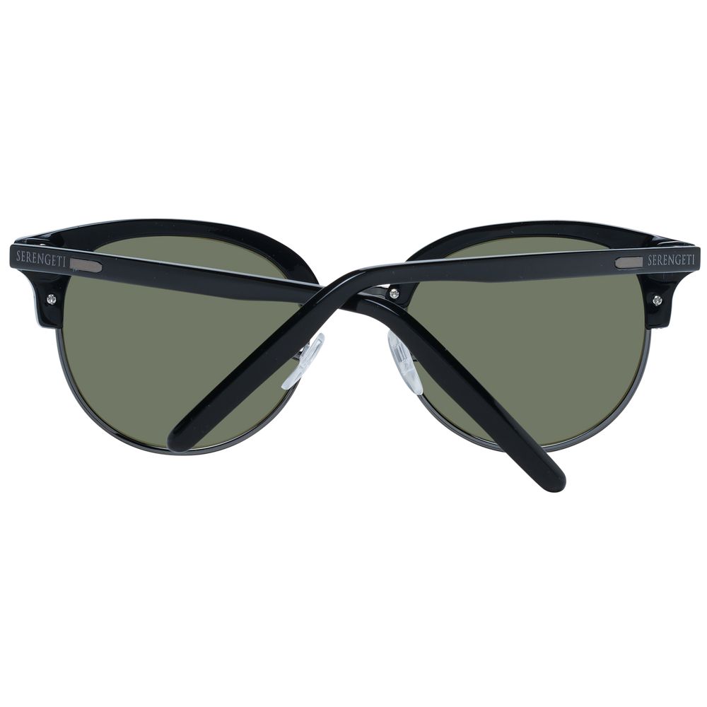 Sunglasses by Serengeti for women in metal & acetate black showcases a ethereal silhouette, featuring black coloured frame full-rim round frame design with polarized category-3-dark-tint lens for a ethereal finish.