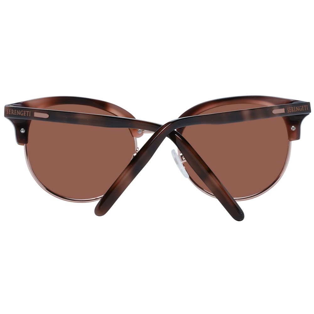 Sunglasses by Serengeti for women in metal & acetate brown features an lustrous full-rim round frame design with brown coloured frame detailing and polarized category-2-medium-tint lens for a lustrous aesthetic.