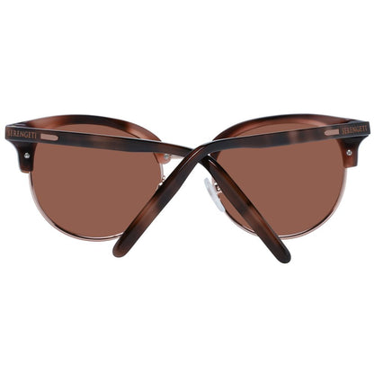Sunglasses by Serengeti for women in metal & acetate brown features an lustrous full-rim round frame design with brown coloured frame detailing and polarized category-2-medium-tint lens for a lustrous aesthetic.