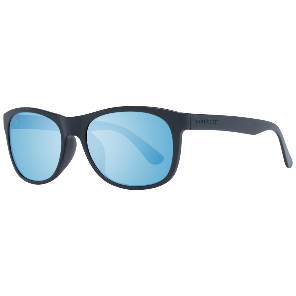 Sunglasses by Serengeti for unisex in plastic and black presents a sumptuous silhouette, featuring black coloured frame and rectangle full-rim frame design with photochromatic mirrored lens for a sumptuous look.