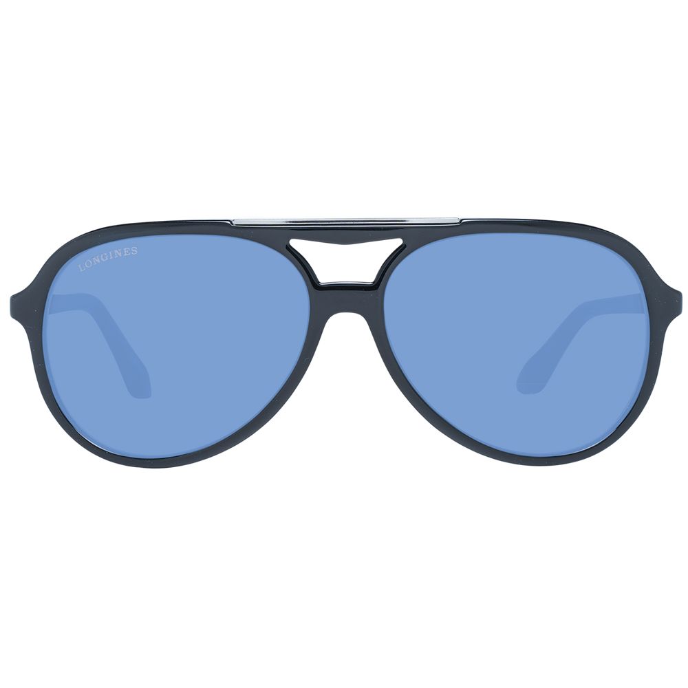 This Sunglasses by Longines for men in plastic black presents a sumptuous silhouette, showcasing a sumptuous aviator full-rim frame design in black coloured frame and high-performance mirrored category-3-dark-tint lens.