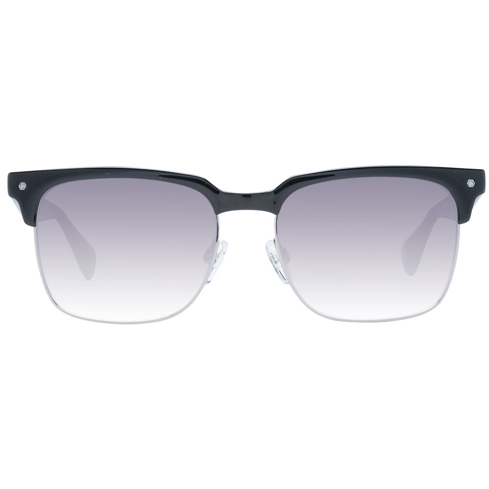 Sunglasses by Ted Baker for men in metal & acetate black features a sumptuous silhouette, showcasing a sumptuous browline full-rim frame design in black coloured frame with high-performance gradient category-3-dark-tint lens.
