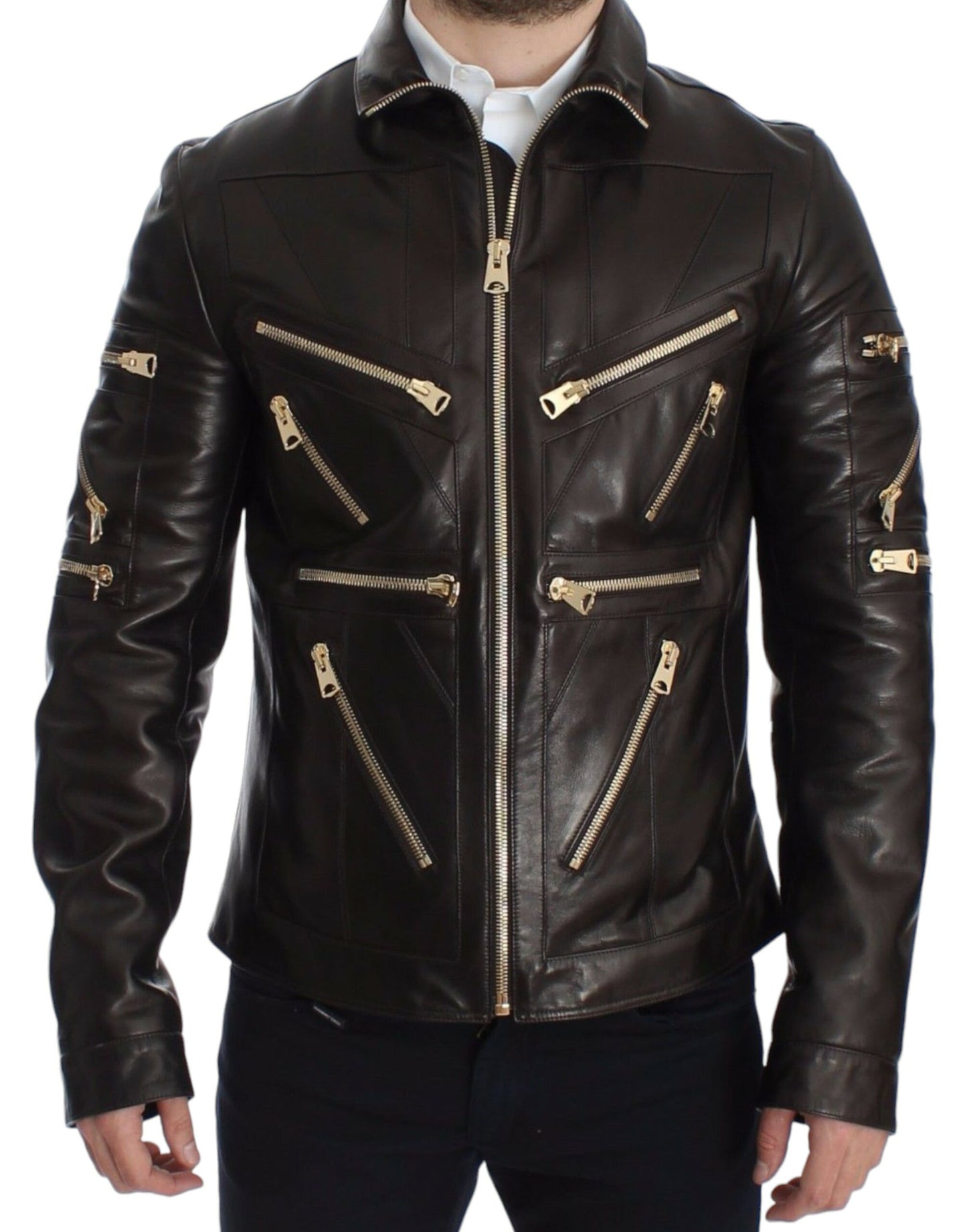 Dolce & Gabbana Men's Elegant Brown Gold-Detailed Leather Jacket