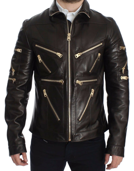 Dolce & Gabbana Men's Elegant Brown Gold-Detailed Leather Jacket