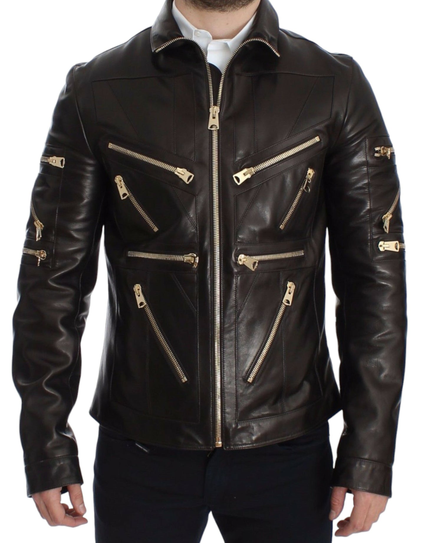 Dolce & Gabbana Men's Elegant Brown Gold-Detailed Leather Jacket