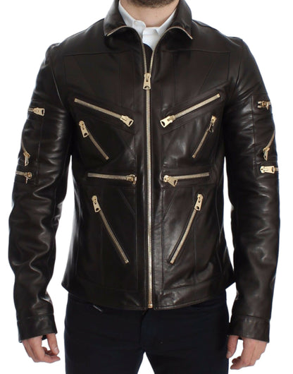 Dolce & Gabbana Men's Elegant Brown Gold-Detailed Leather Jacket