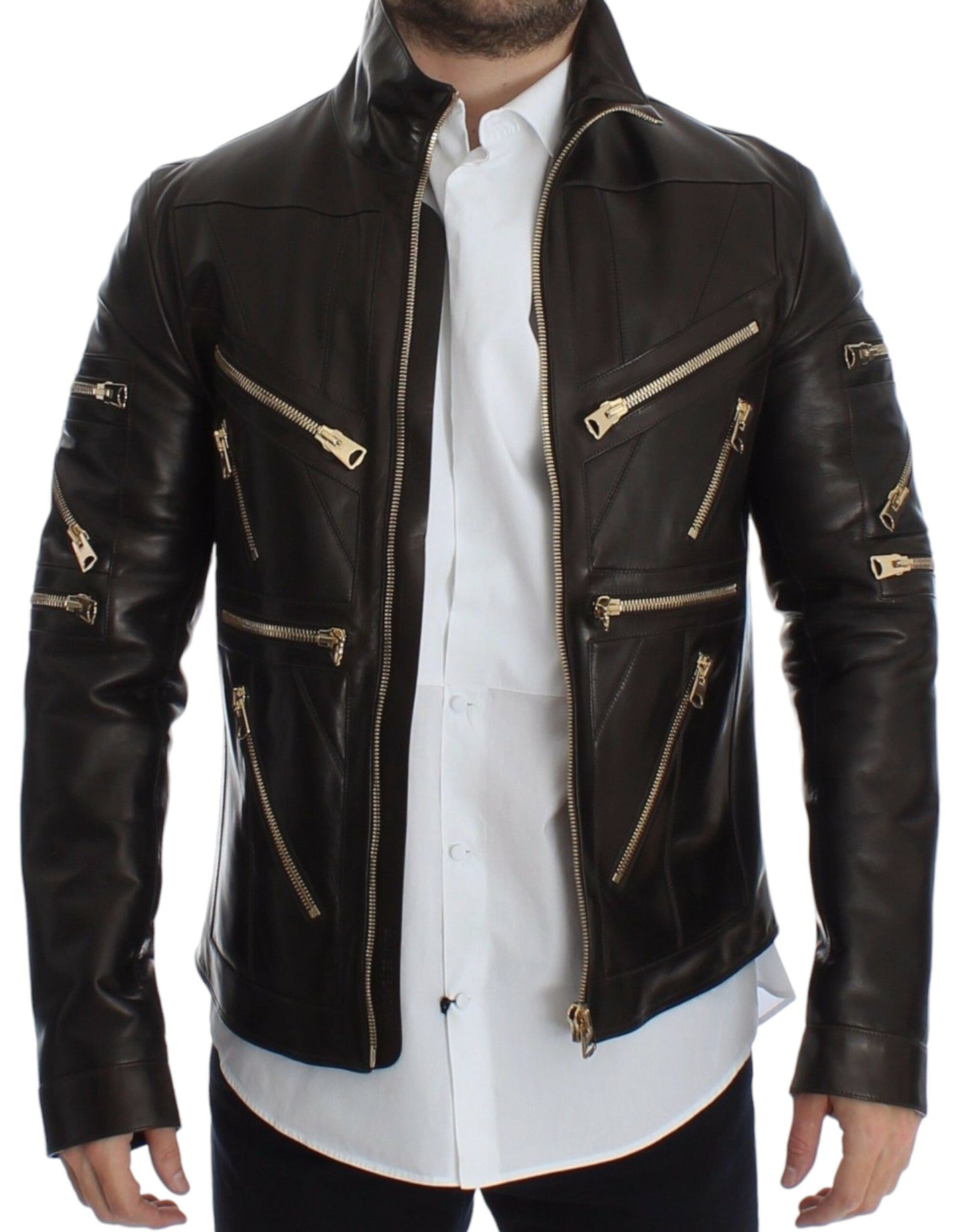 Dolce & Gabbana Men's Elegant Brown Gold-Detailed Leather Jacket
