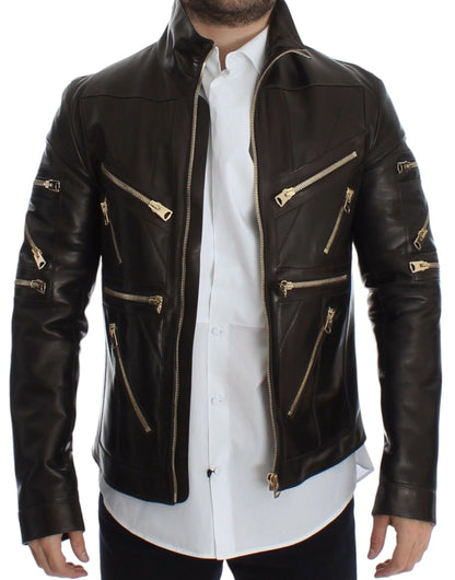 Dolce & Gabbana Men's Elegant Brown Gold-Detailed Leather Jacket