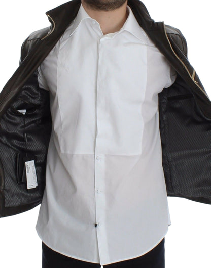 Dolce & Gabbana Men's Elegant Brown Gold-Detailed Leather Jacket