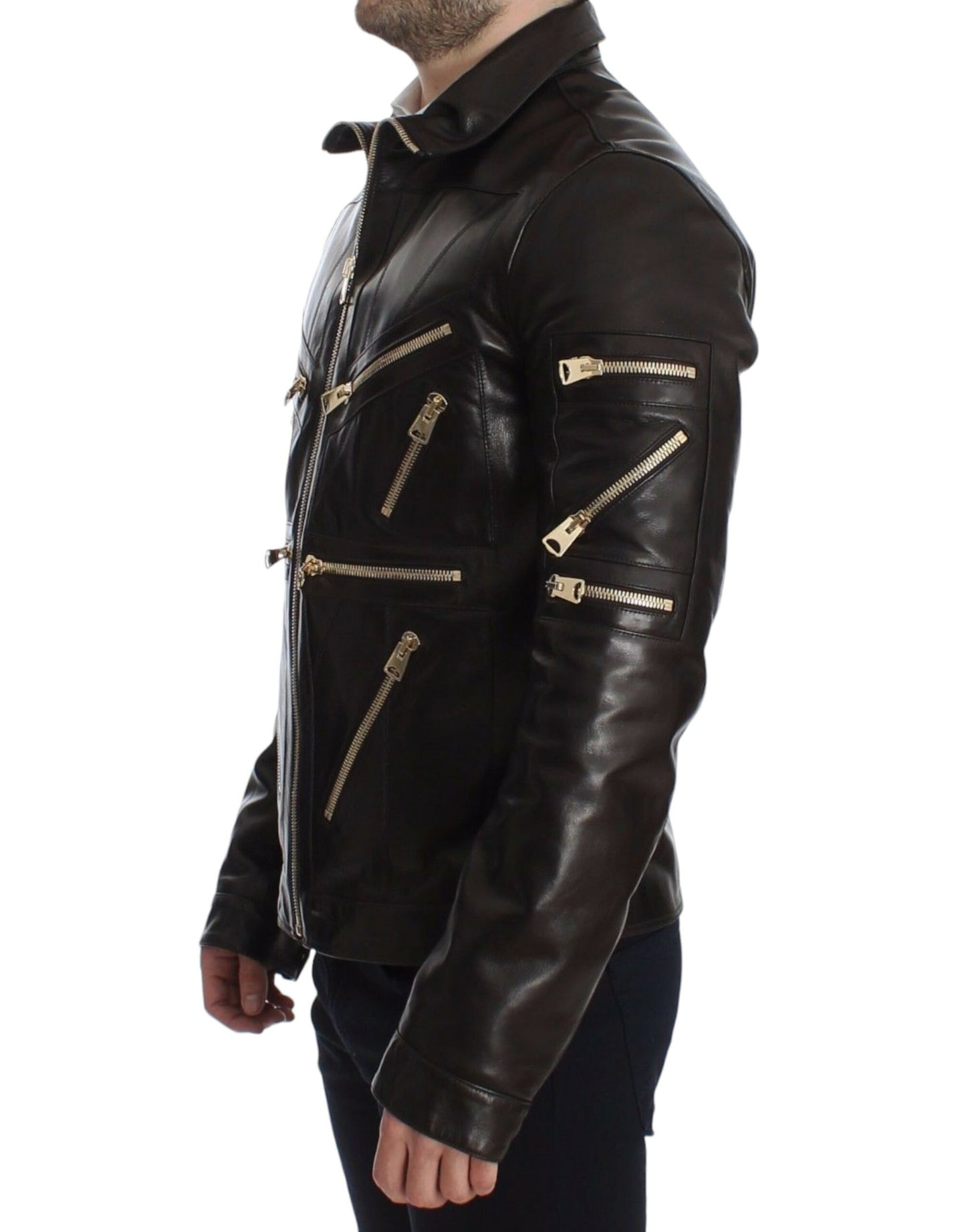 Dolce & Gabbana Men's Elegant Brown Gold-Detailed Leather Jacket