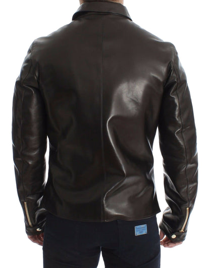 Dolce & Gabbana Men's Elegant Brown Gold-Detailed Leather Jacket
