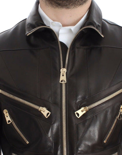 Dolce & Gabbana Men's Elegant Brown Gold-Detailed Leather Jacket