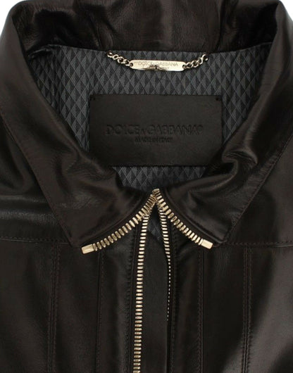 Dolce & Gabbana Men's Elegant Brown Gold-Detailed Leather Jacket