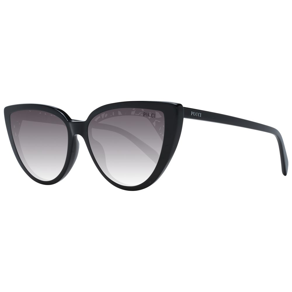 Sunglasses by Emilio Pucci for women in metal and black presents a sumptuous silhouette, featuring black coloured frame and full-rim cat-eye frame design with gradient category-2-medium-tint lens for a sumptuous look.