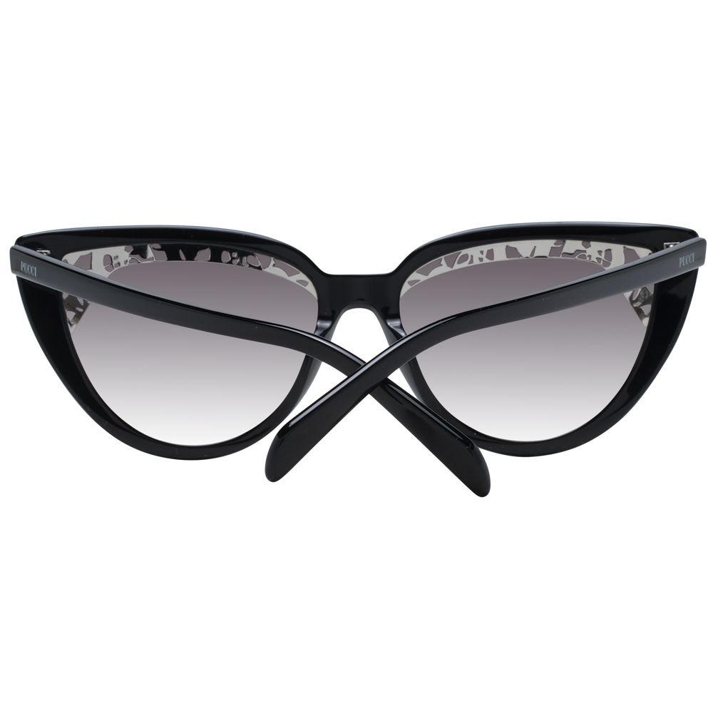 This Sunglasses by Emilio Pucci for women in black presents a sumptuous silhouette, showcasing a sumptuous full-rim cat-eye frame design in black coloured frame and high-performance gradient category-2-medium-tint lens.