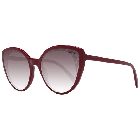 Sunglasses by Emilio Pucci for women in plastic and red presents a sumptuous silhouette, featuring red coloured frame and butterfly full-rim frame design with gradient category-2-medium-tint lens for a sumptuous look.