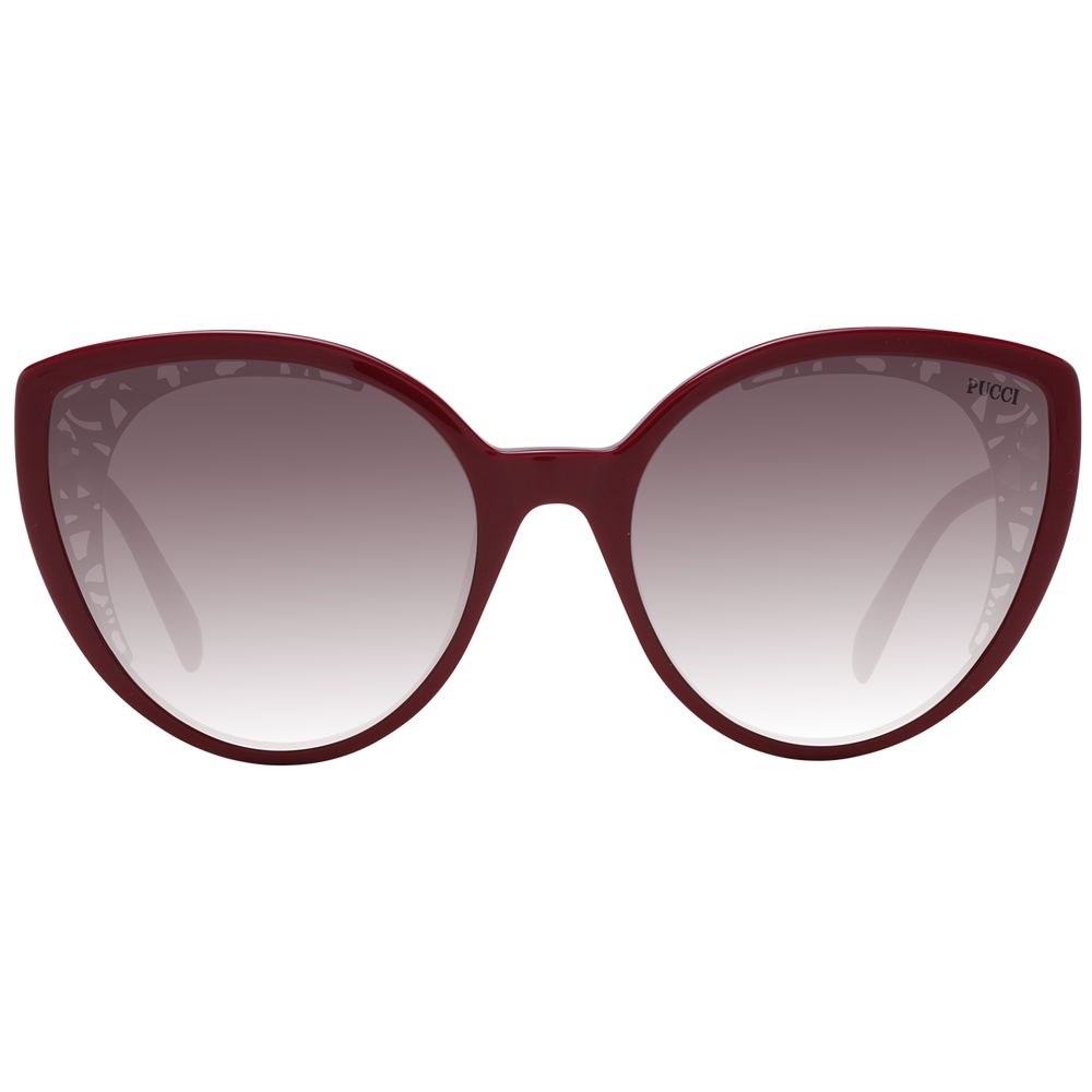 Sunglasses by Emilio Pucci for women in plastic red features an lustrous butterfly full-rim frame design with red coloured frame detailing and gradient category-2-medium-tint lens for a lustrous aesthetic.