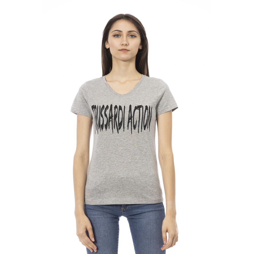 Gray Cotton Short Sleeve V-neck T-Shirt