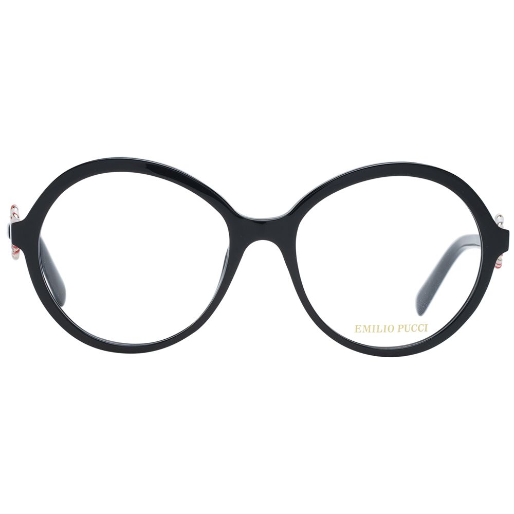Eyeglasses Frames by Emilio Pucci for women in plastic and black showcases an refined full-frame frame design featuring a sophisticated black coloured frame for an refined and refined aesthetic.